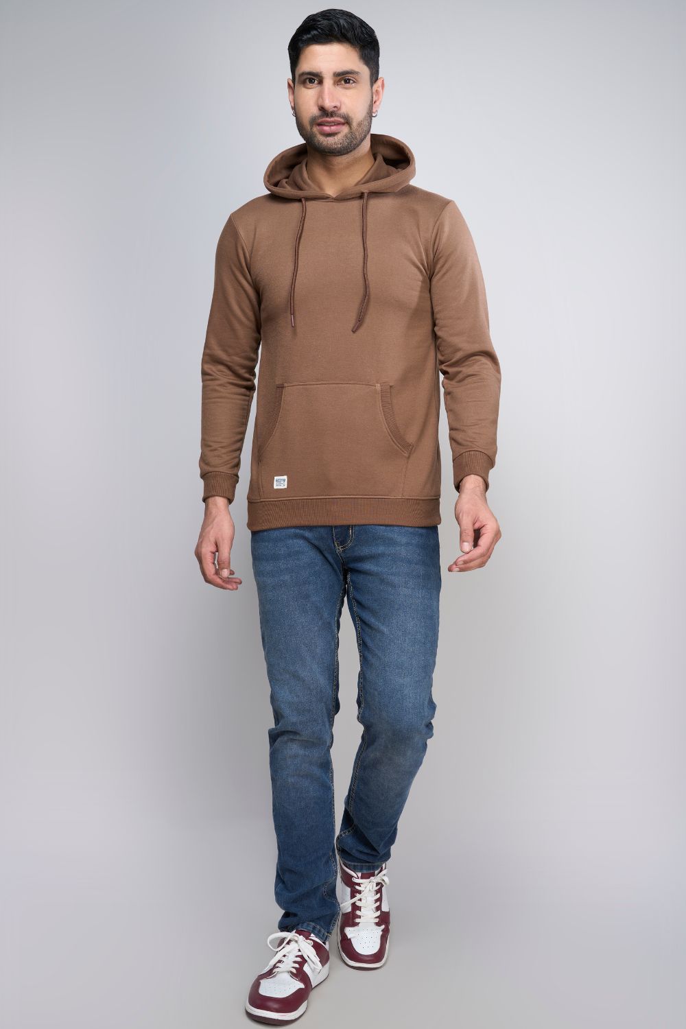 Dark Tan colored, hoodie for men with full sleeves and relaxed fit, Full view.