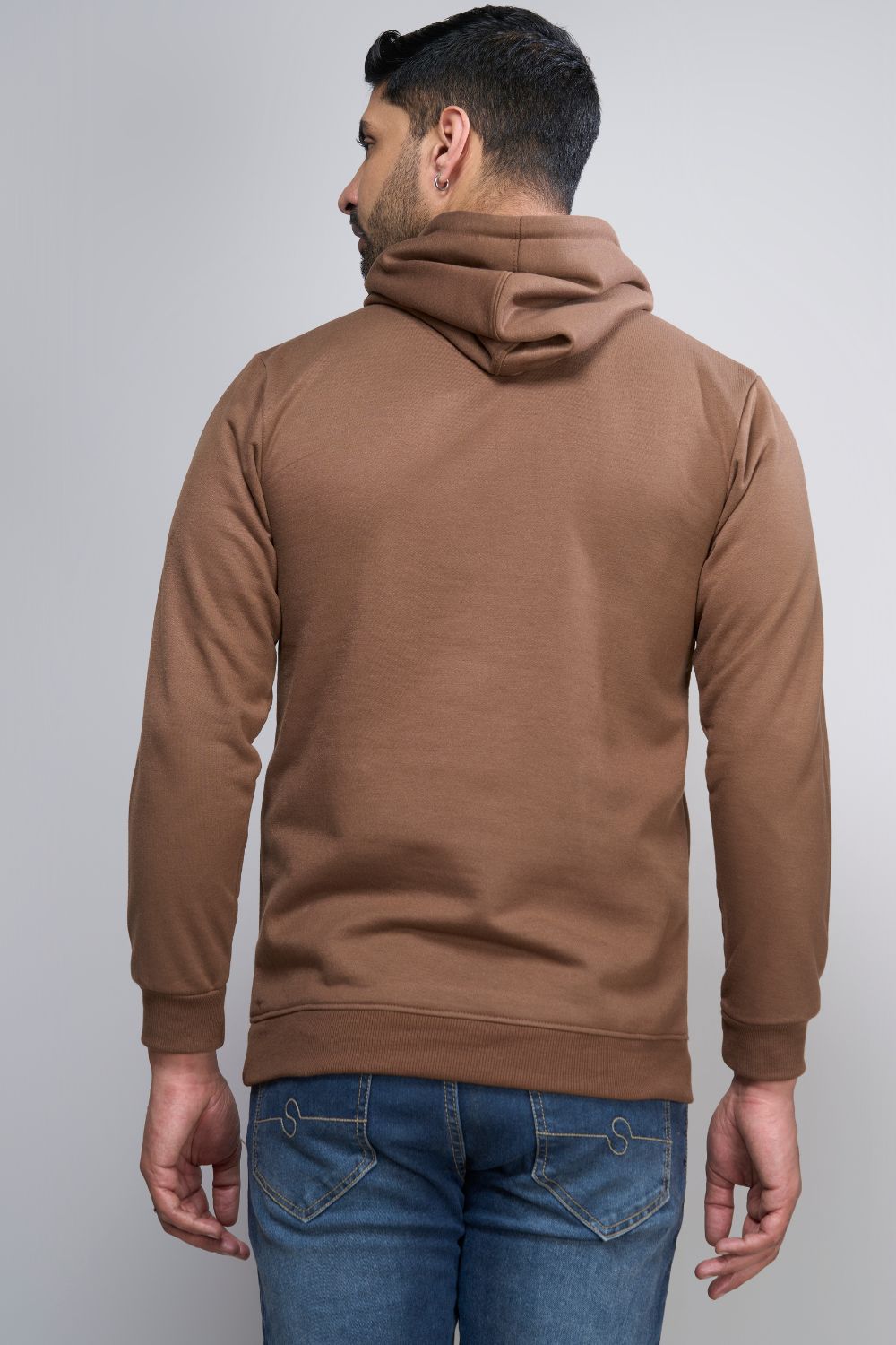 Dark Tan colored, hoodie for men with full sleeves and relaxed fit, Back View.