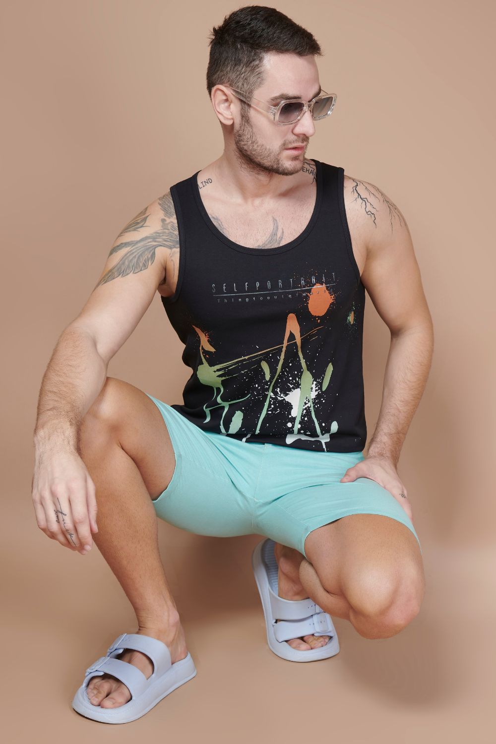Black colored cotton Sleeveless Printed Tank Tees for men
