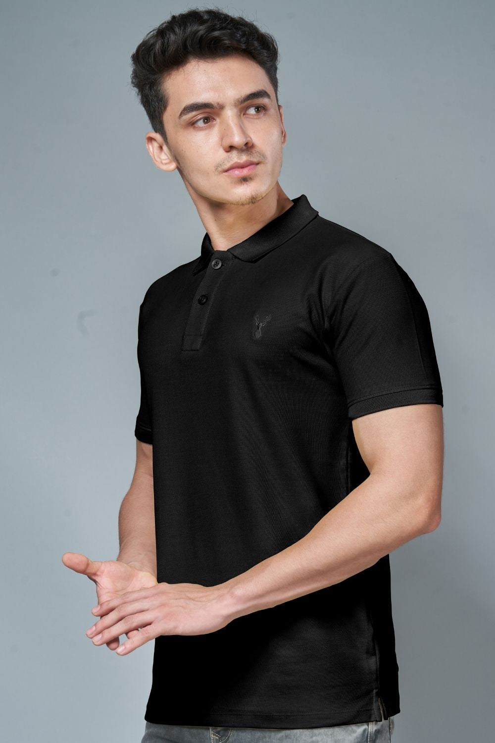Black colored, identity Polo T-shirts for men with collar and half sleeves, side view.