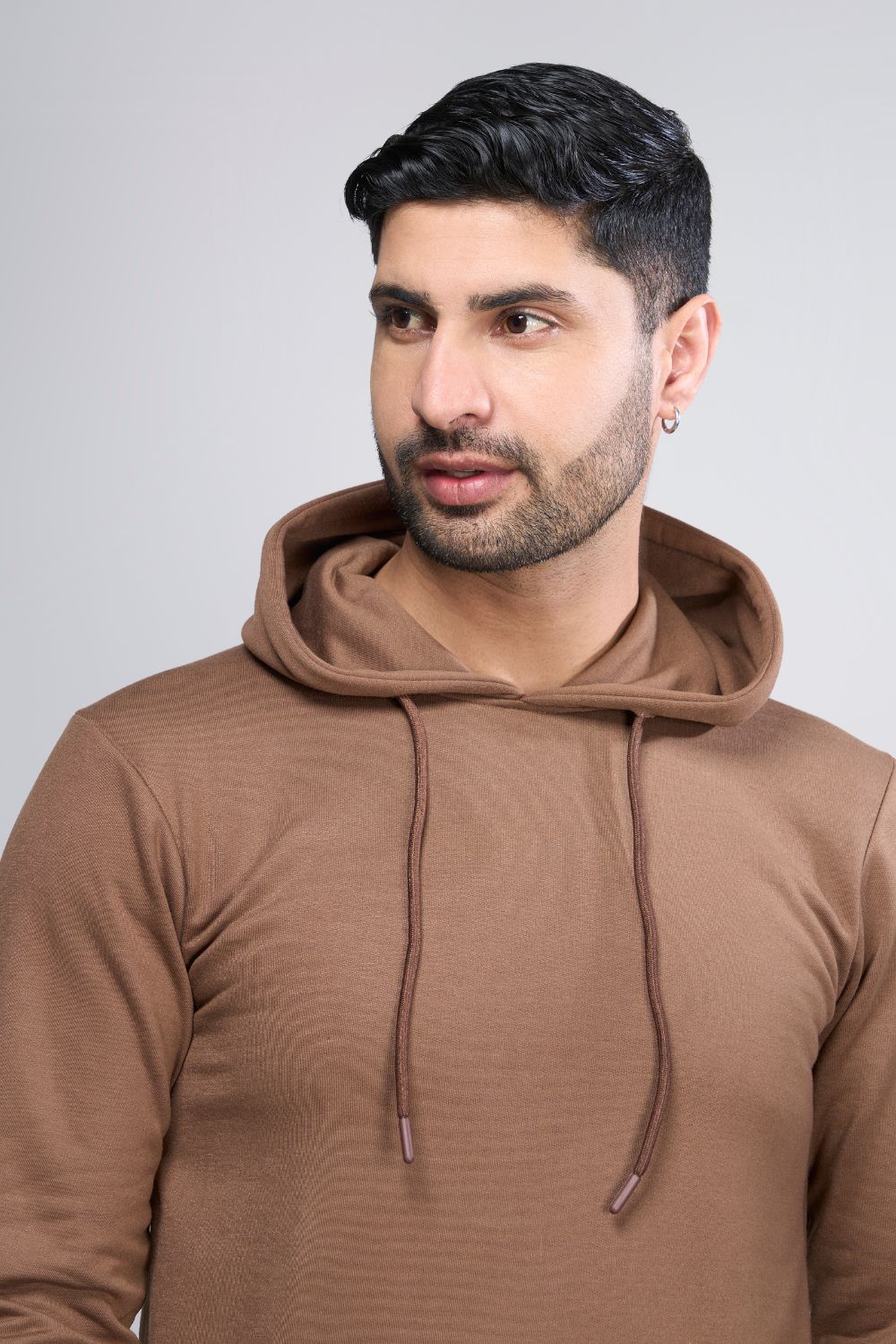 Dark Tan colored, hoodie for men with full sleeves and relaxed fit, Closeup.
