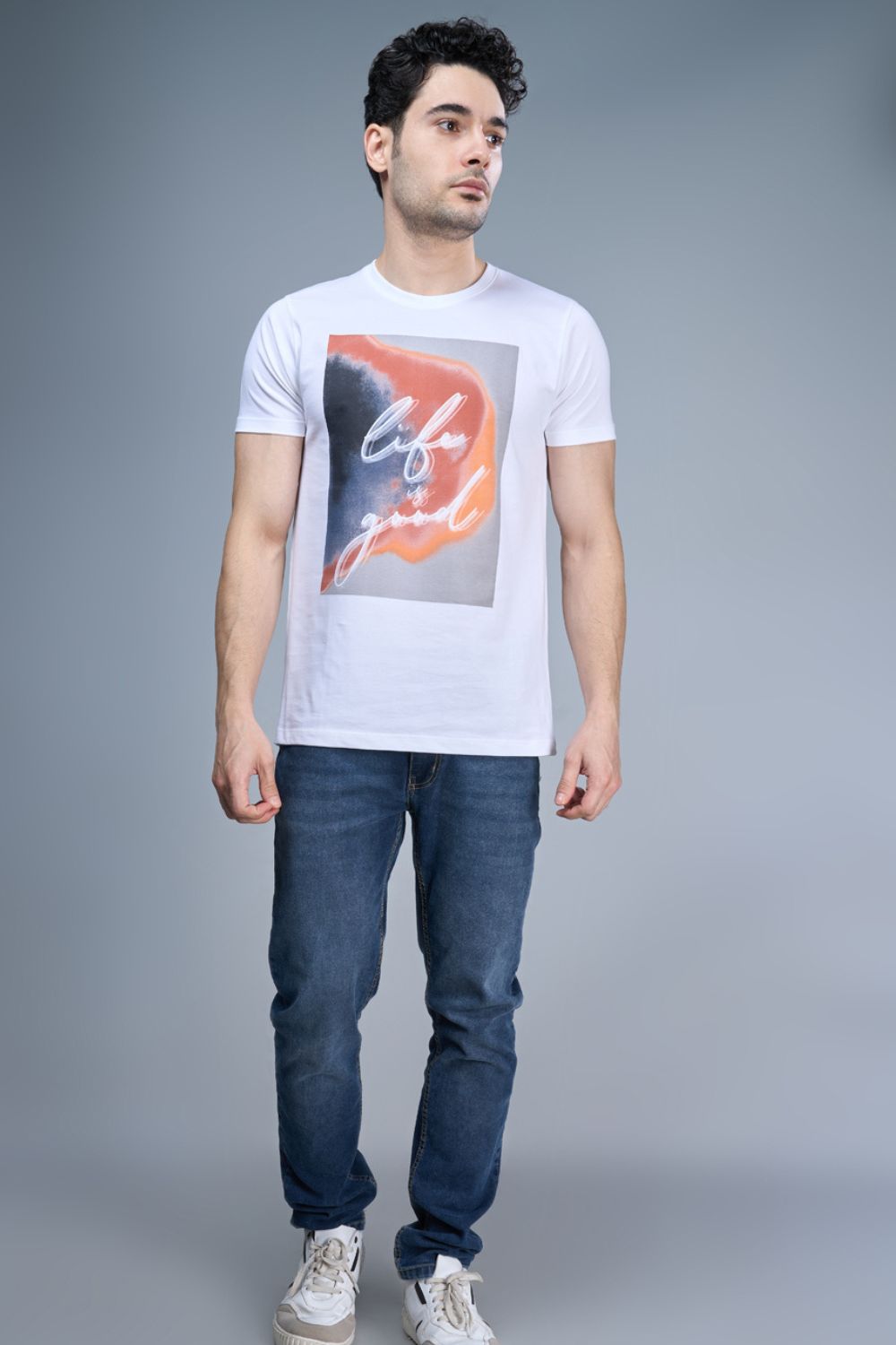 Silver colored, cotton Graphic T shirt for men, half sleeves and round neck, front view.