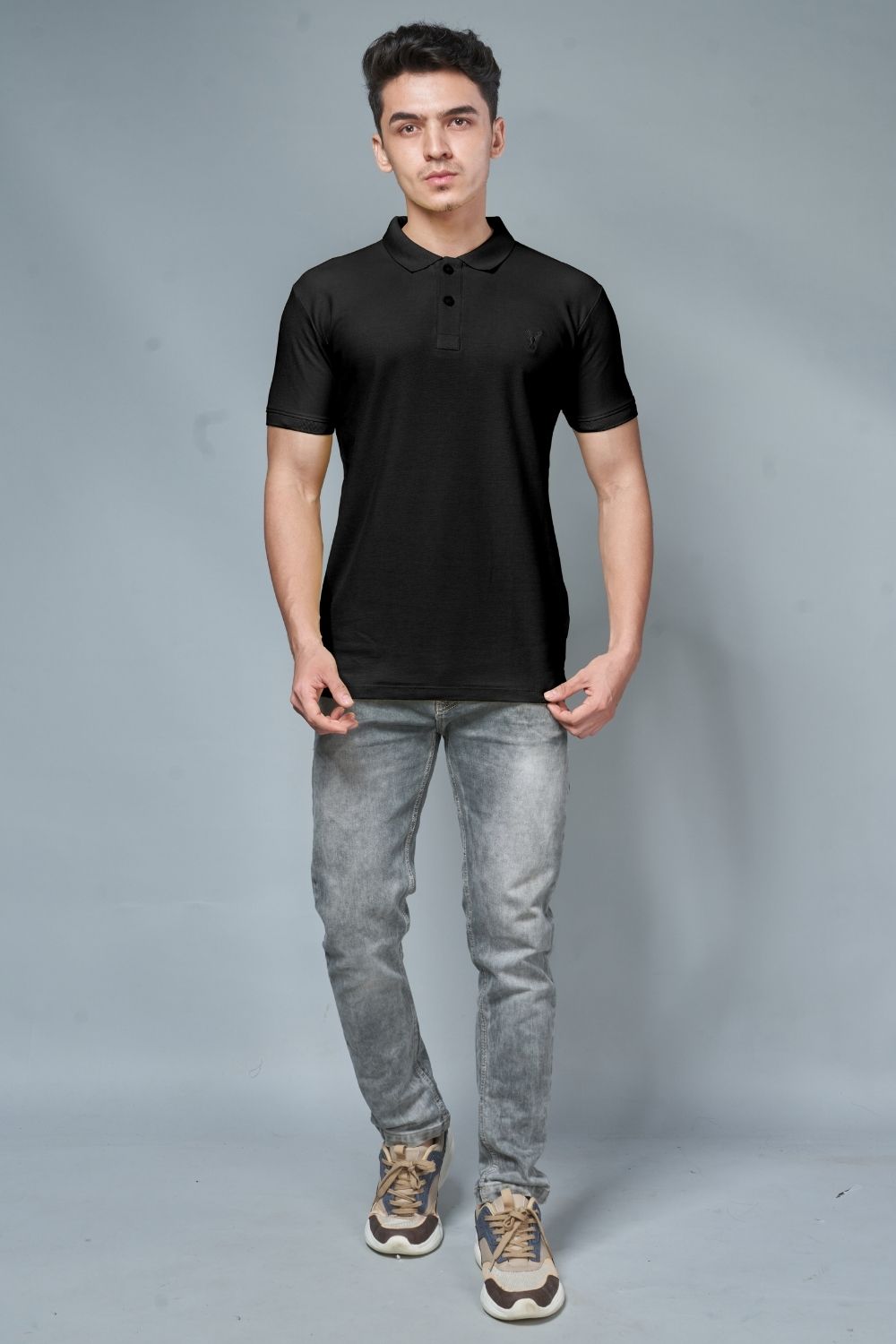 Black colored, identity Polo T-shirts for men with collar and half sleeves, full view.