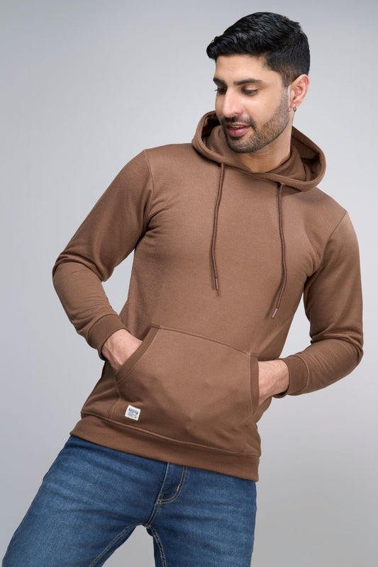 Dark Tan colored, hoodie for men with full sleeves and relaxed fit.