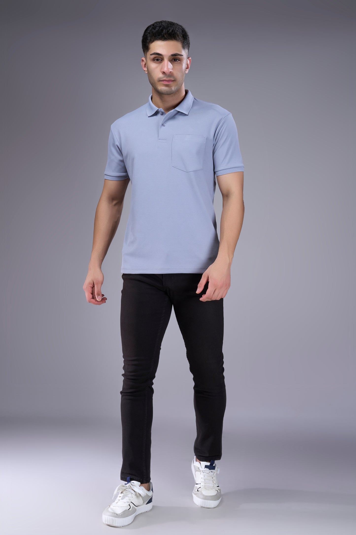 Light Grey - Structure Knit Pocket Polo