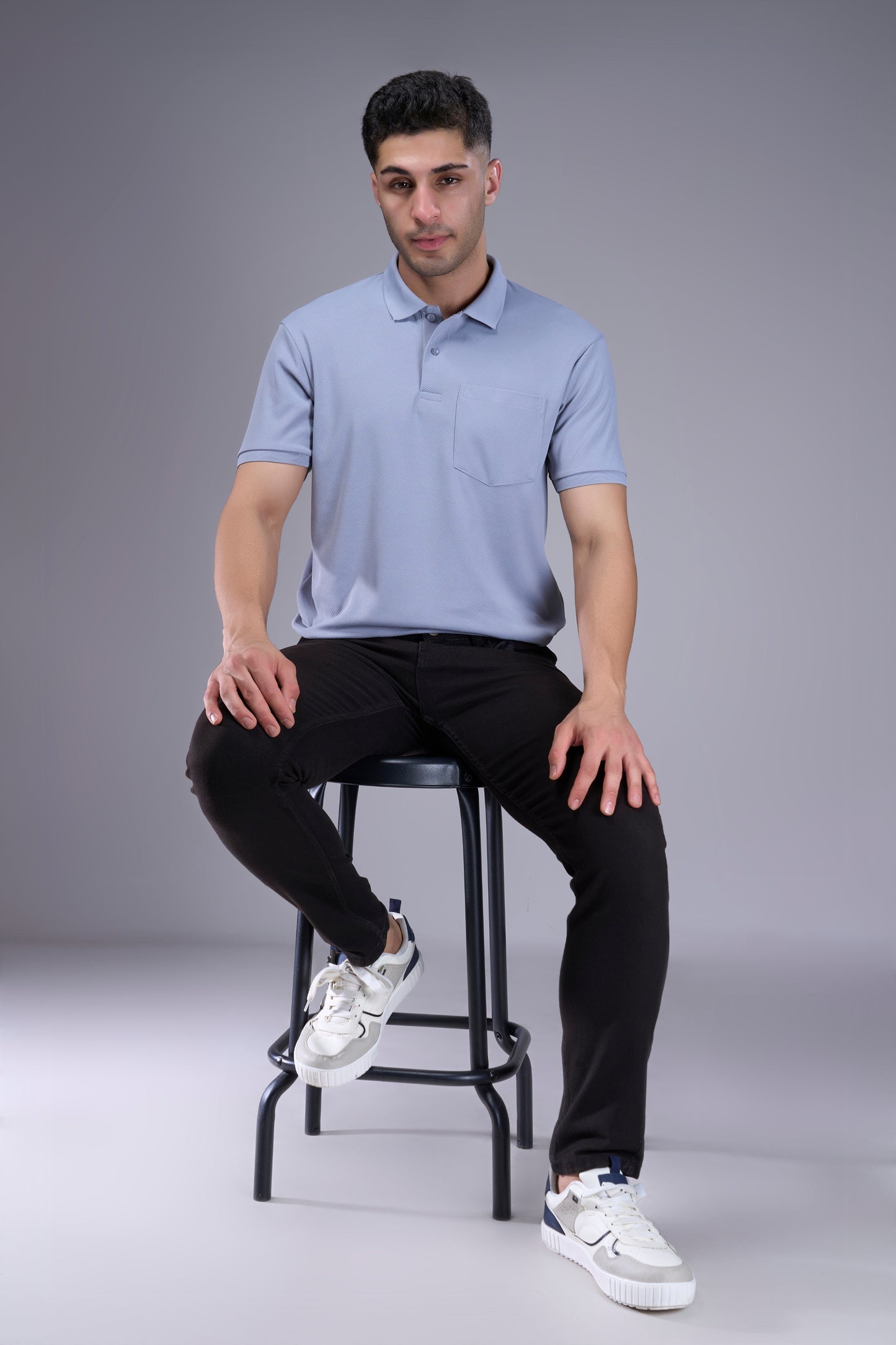 Light Grey - Structure Knit Pocket Polo
