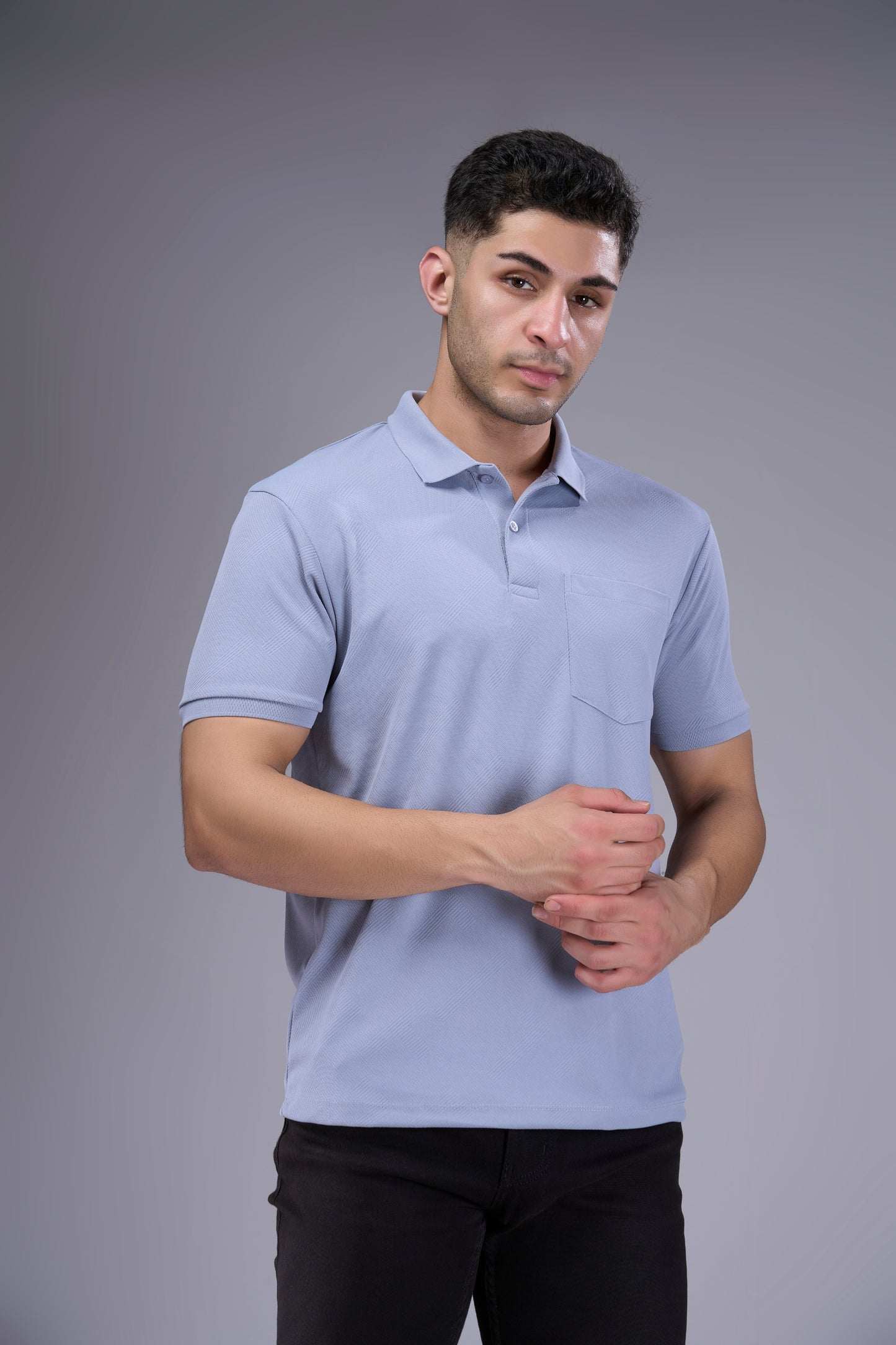 Light Grey - Structure Knit Pocket Polo