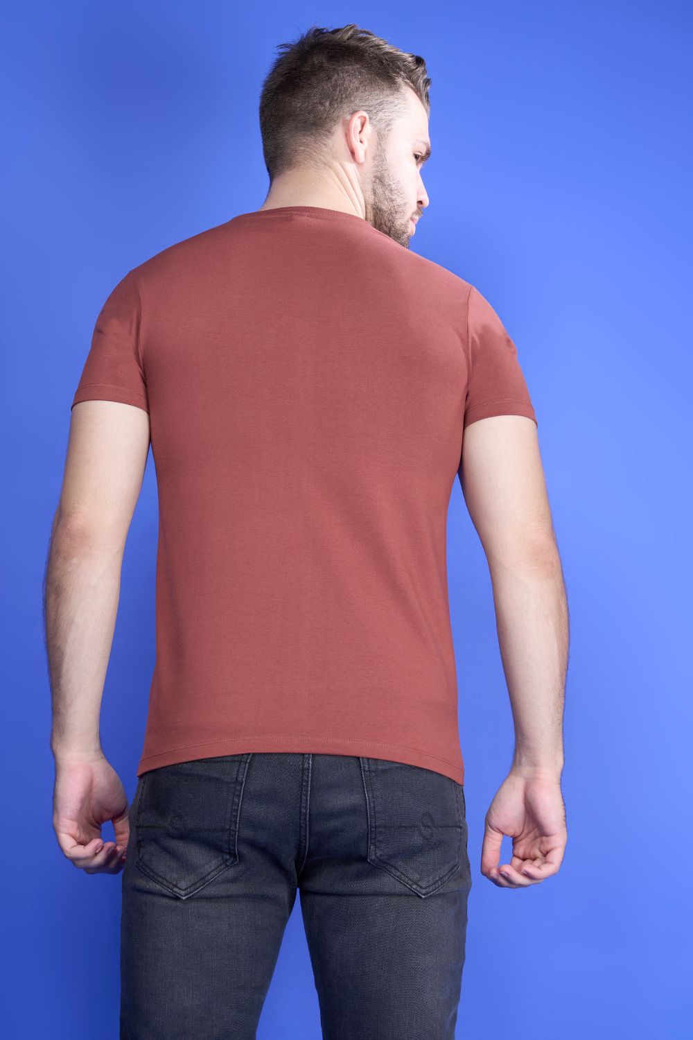 Teak colored, cotton Graphic T shirt for men, half sleeves and round neck, back view.