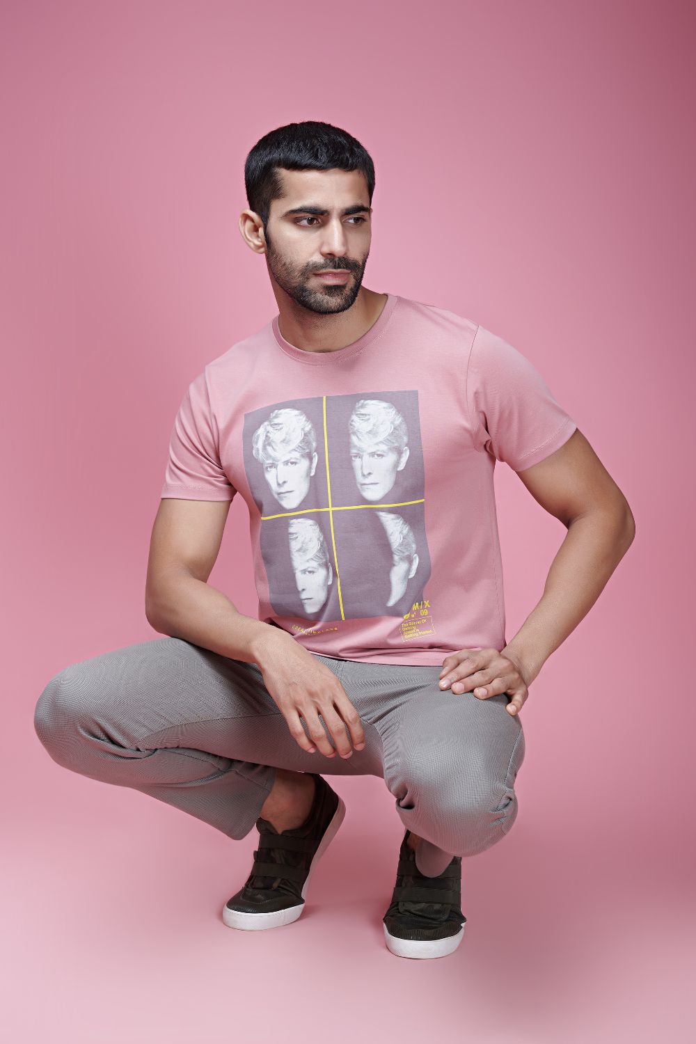 Ash Rose colored, cotton Graphic T shirt for men, half sleeves and round neck.