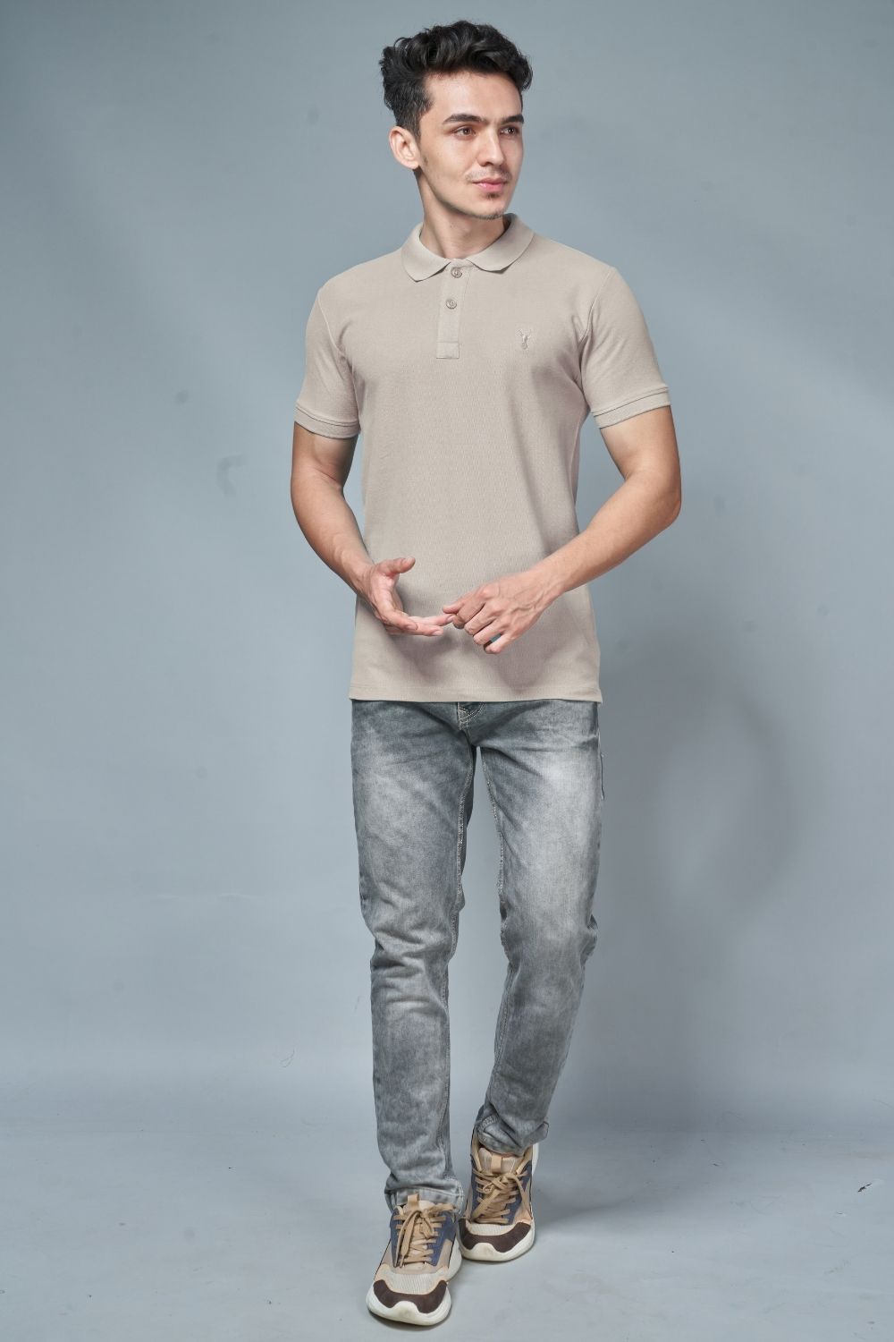 Moon light colored, identity Polo T-shirts for men with collar and half sleeves, front view.