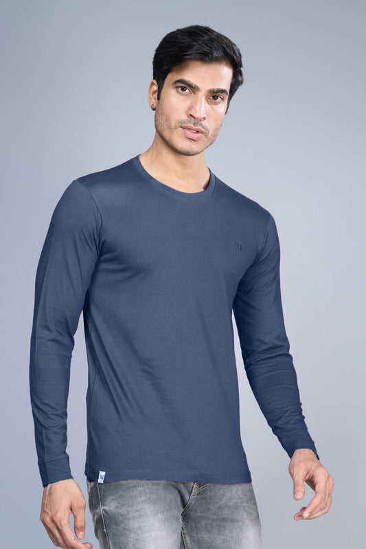 Night Blue colored, full sleeve solid T shirt for Men with round neck, front view.