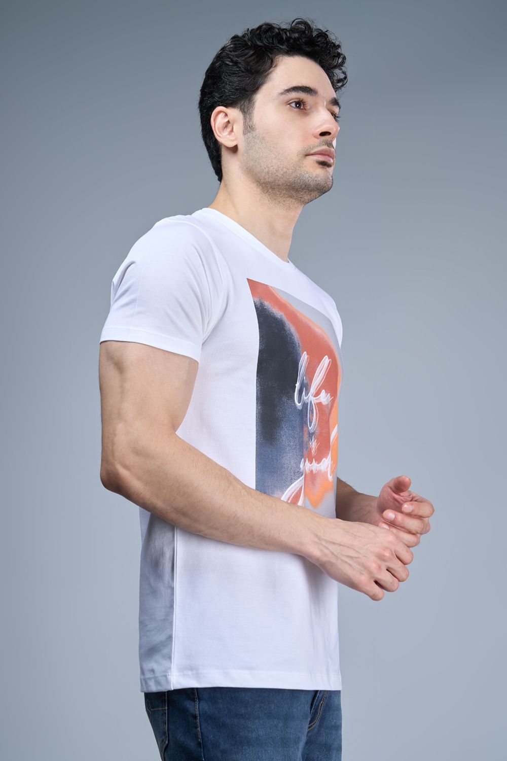 Silver colored, cotton Graphic T shirt for men, half sleeves and round neck, side view.