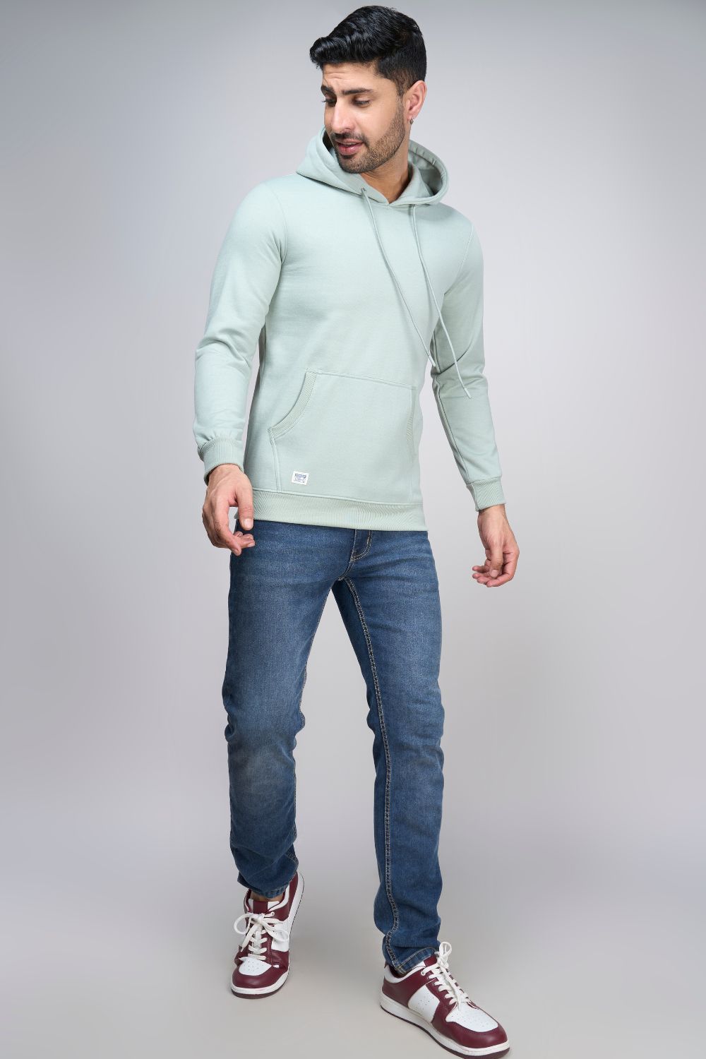 Sea Green colored, hoodie for men with full sleeves and relaxed fit, front view.