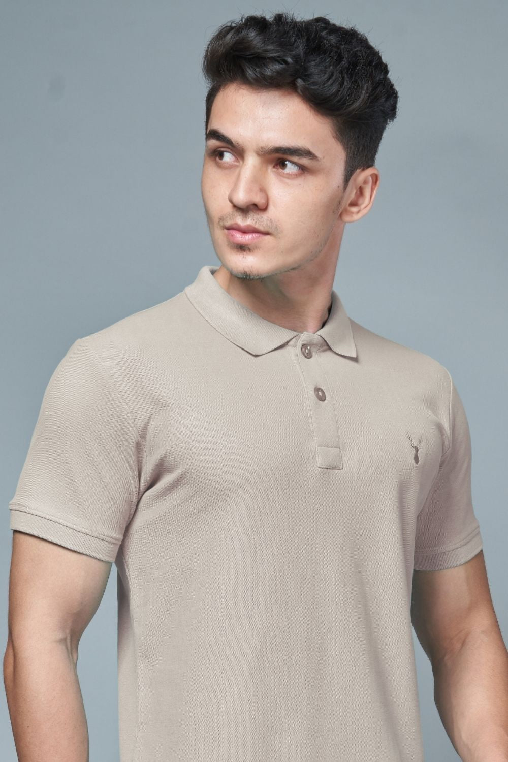 Moon light colored, identity Polo T-shirts for men with collar and half sleeves, close up.