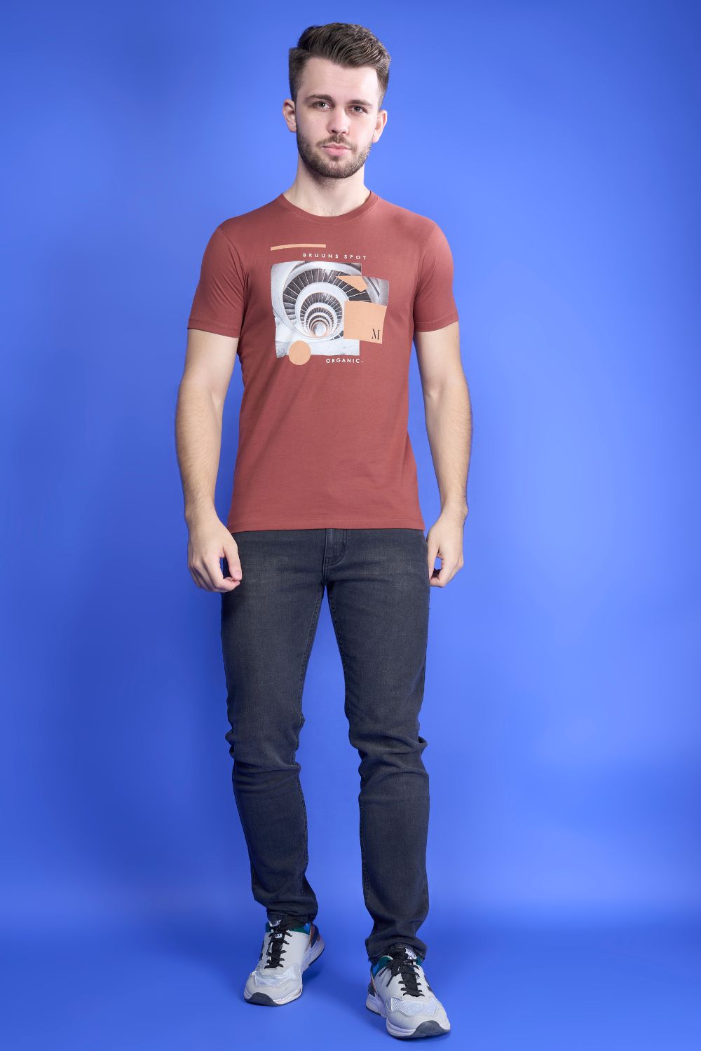 Teak colored, cotton Graphic T shirt for men, half sleeves and round neck, front view.