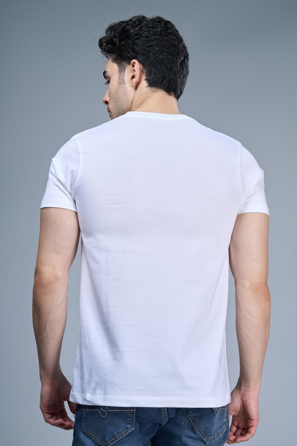 Silver colored, cotton Graphic T shirt for men, half sleeves and round neck, back view.