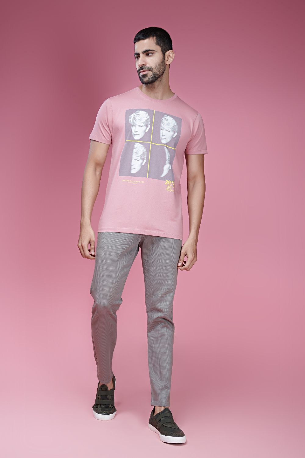 Ash Rose colored, cotton Graphic T shirt for men, half sleeves and round neck, front view.