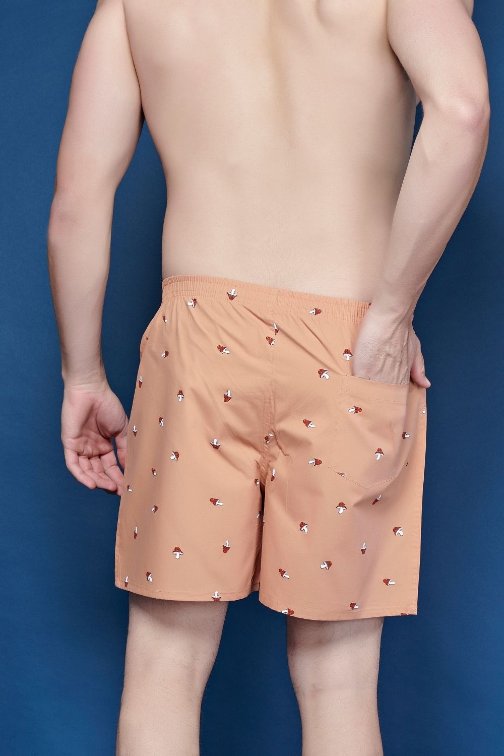 carrot patterned all over printed cotton boxer for men with back pockets, back view.