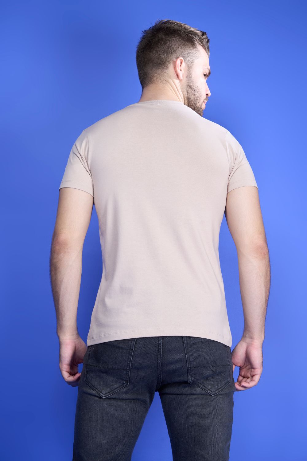 Moon light colored, cotton Graphic T shirt for men, half sleeves and round neck, back view.
