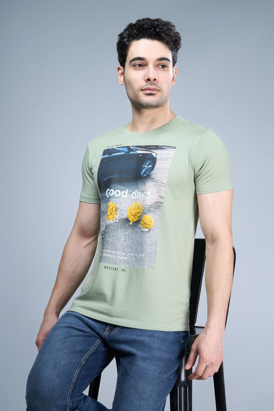 Cyan green colored, cotton Graphic T shirt for men, half sleeves and round neck.