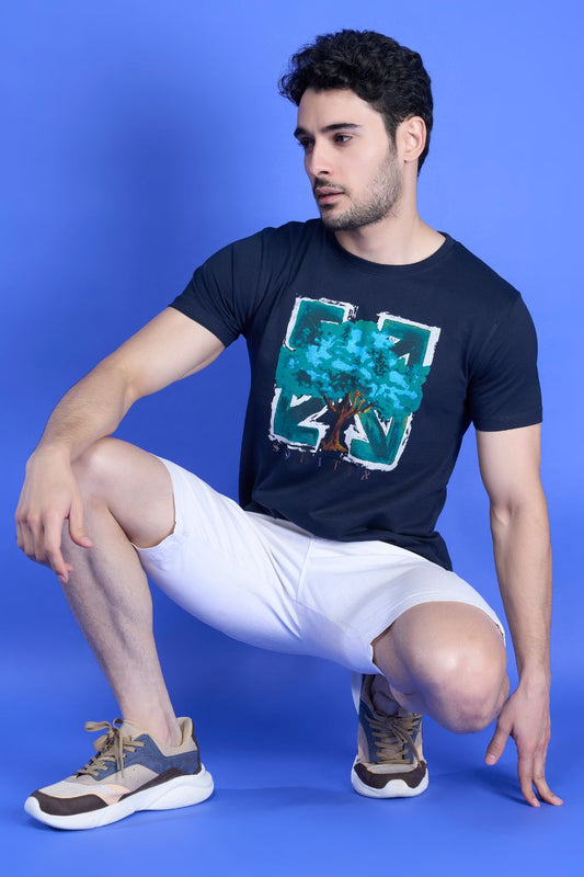 Teal Navy colored, cotton Graphic inc T shirt for men, half sleeves and round neck.
