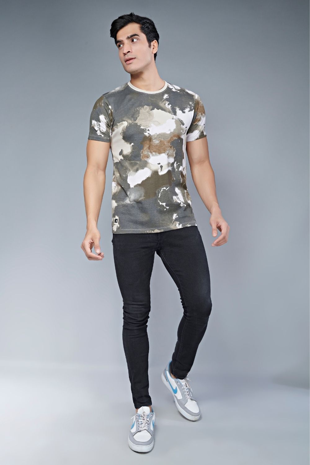Front View of Stone colored, all over print T shirt for men with half sleeves and round neck.