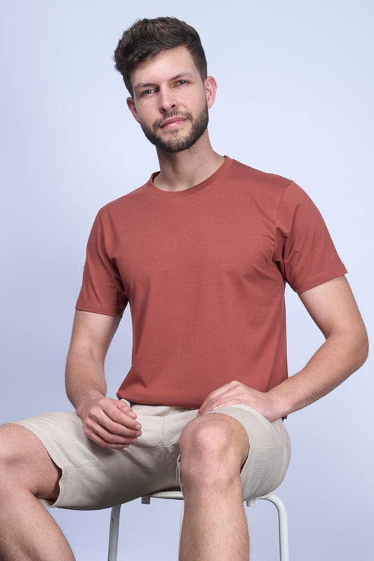 Cotton Stretch T shirt for men in the the solid color Russet with half sleeves and round neck.