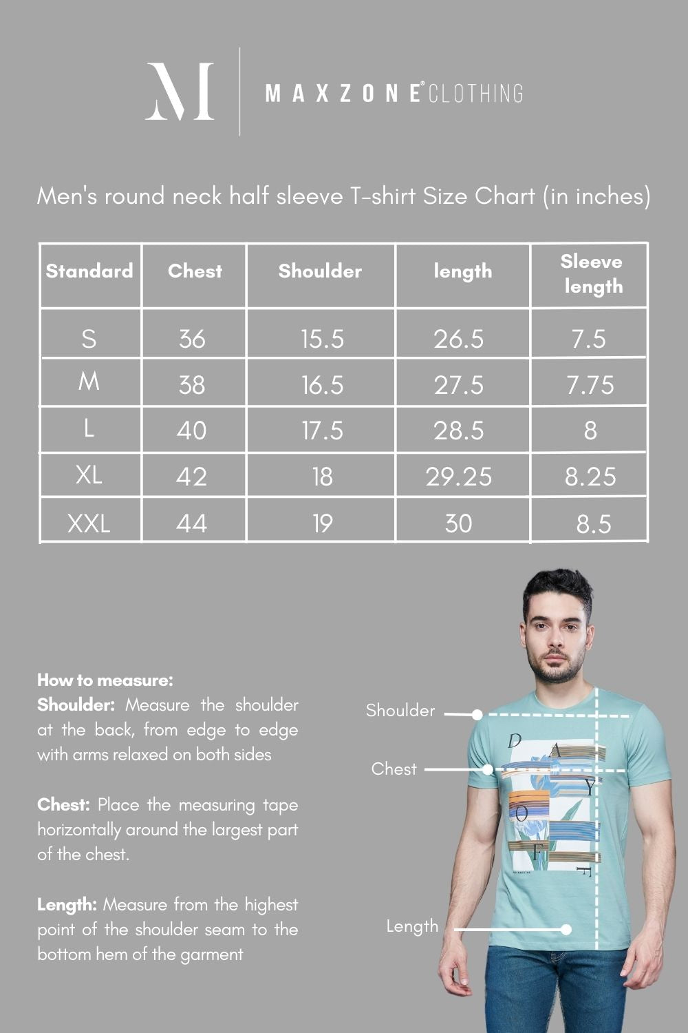 Size chart of Forest green colored, cotton Graphic T shirt for men, half sleeves and round neck.