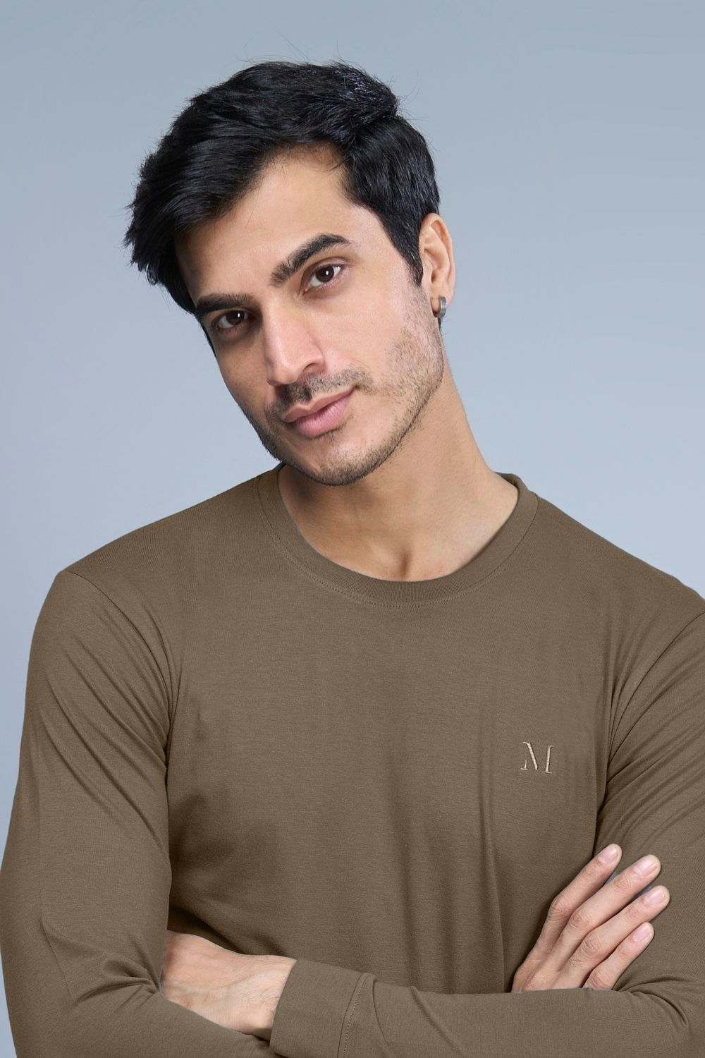 Teak colored, full sleeve solid T shirt for Men with round neck, front view.