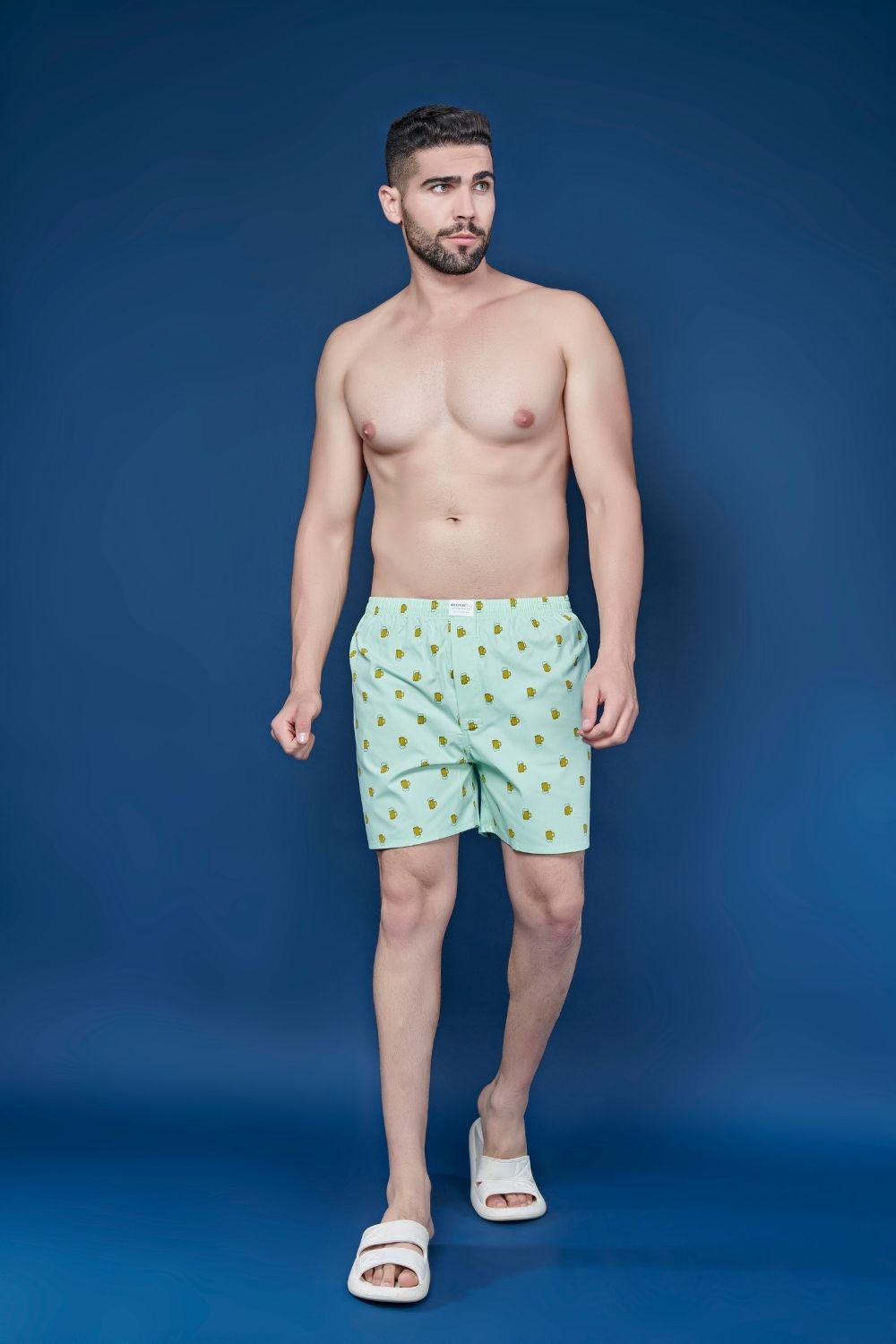 Sky Blue colored, Sinbad & Beer all over printed cotton boxer for men with back pockets, front.