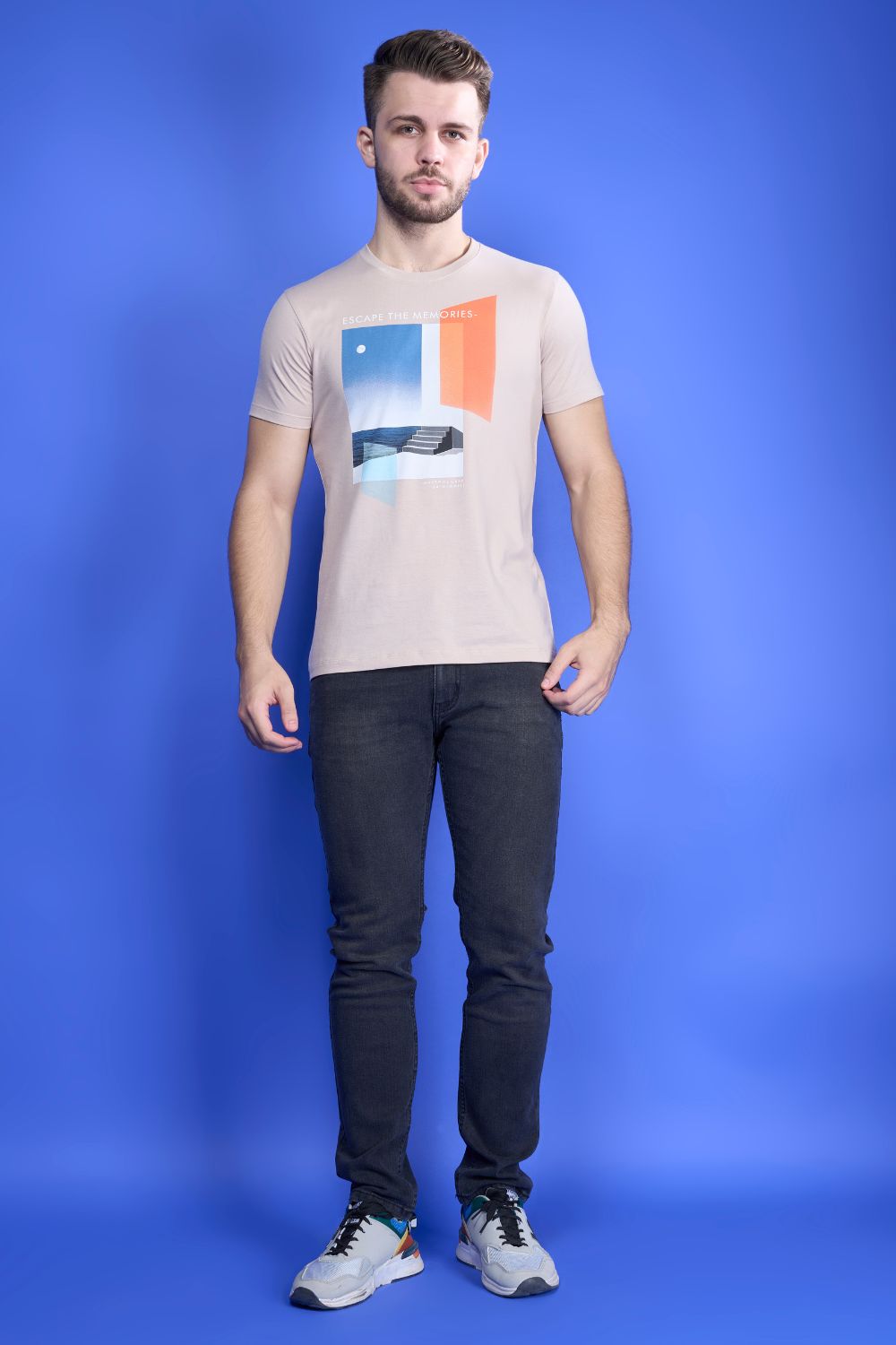 Moon light colored, cotton Graphic T shirt for men, half sleeves and round neck, front view.