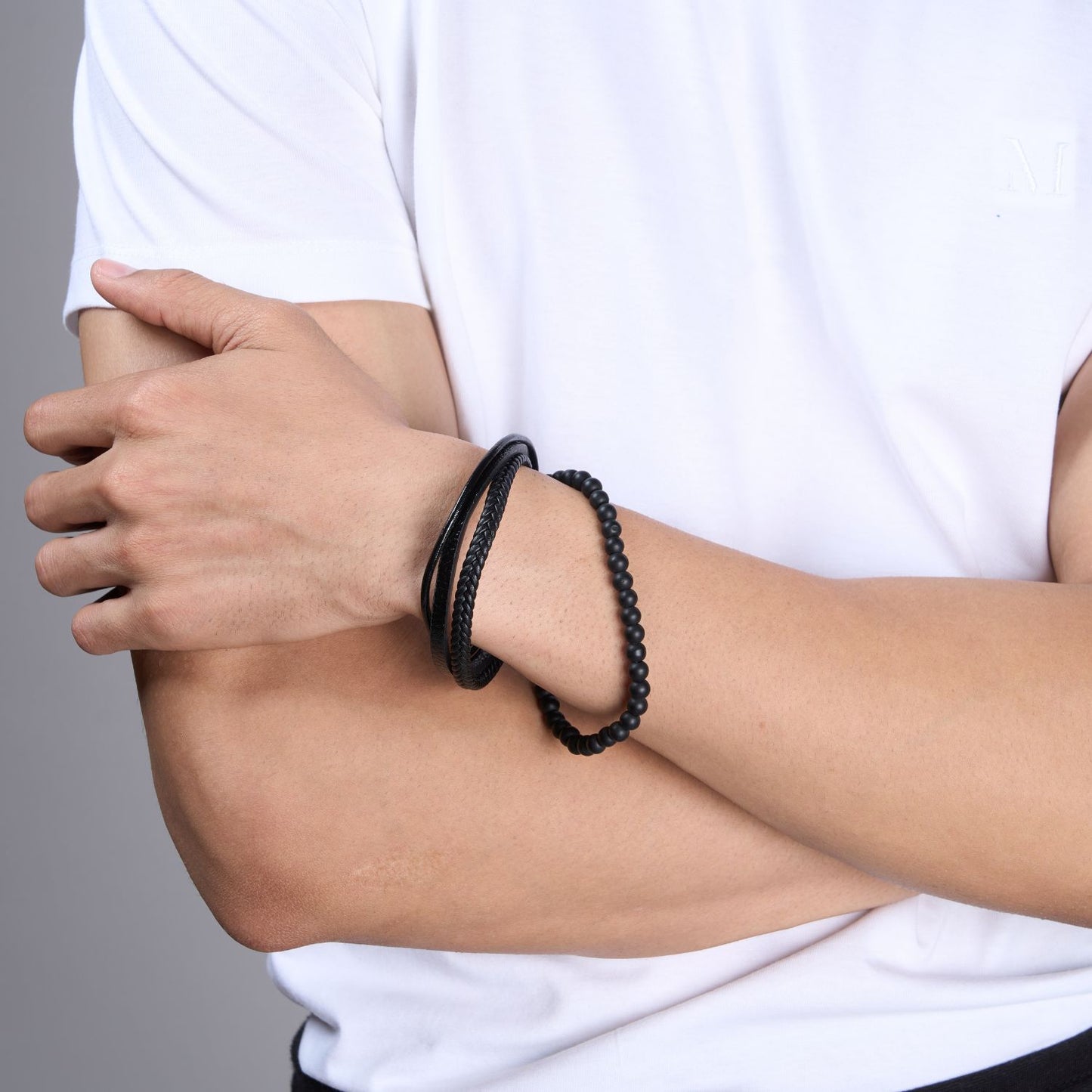 Black colored Multi-style durable Bracelet for men, with magnetic clasp.