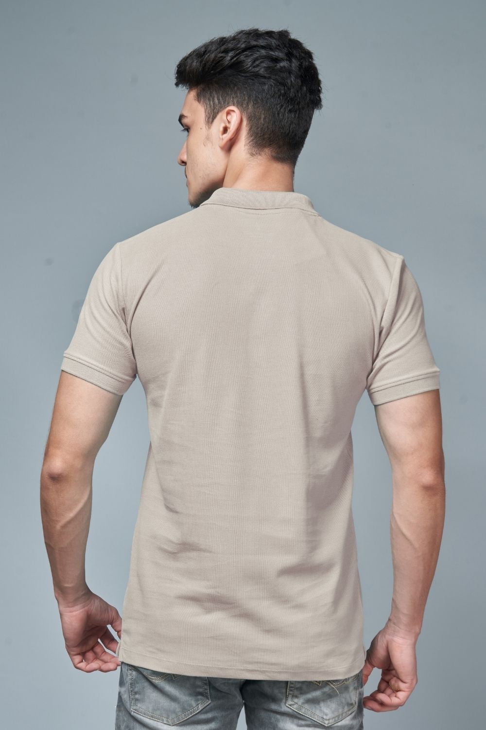 Moon light colored, identity Polo T-shirts for men with collar and half sleeves, back view.