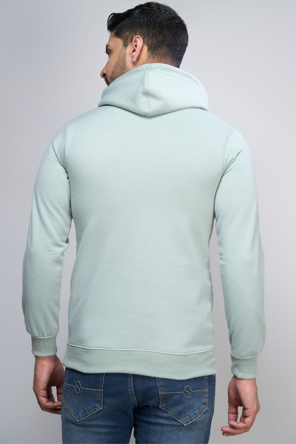 Sea Green colored, hoodie for men with full sleeves and relaxed fit, back view.