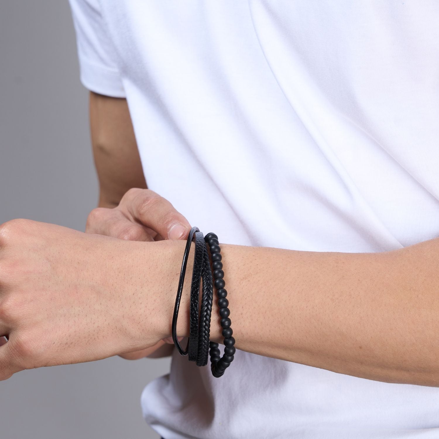 Black colored Multi-style Bracelet for men, with magnetic clasp, detailed side view.