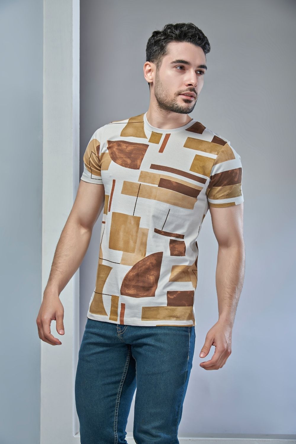 Front view of Golden brown colored, All over print T shirt for men with short sleeves and round neck.