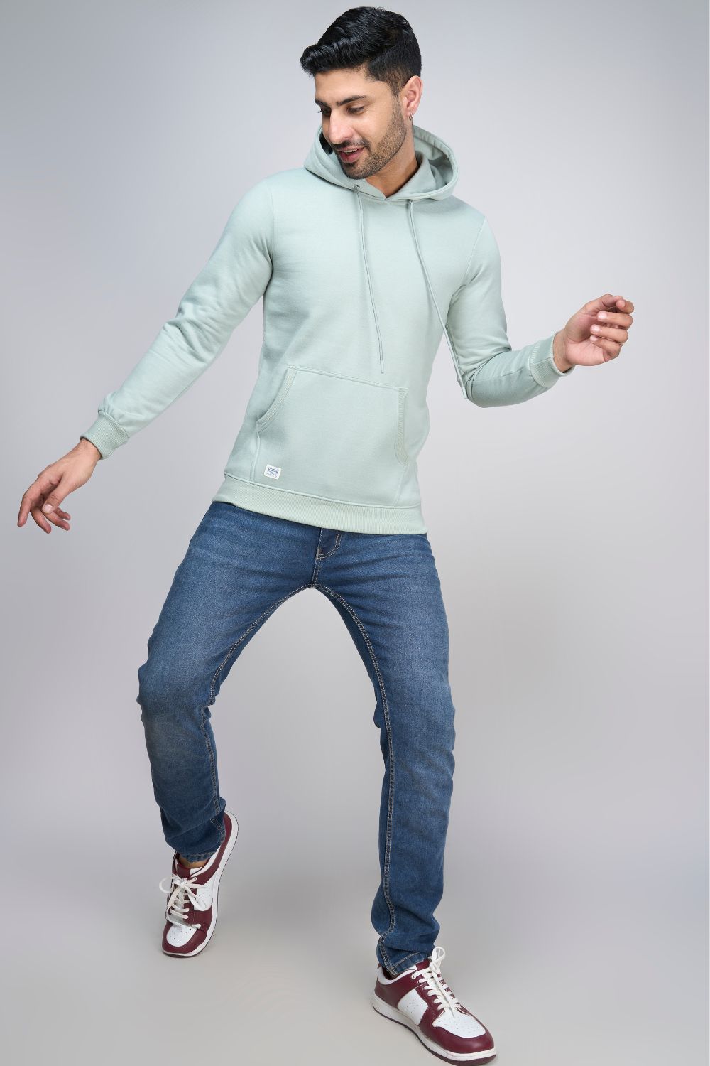 Sea Green colored, hoodie for men with full sleeves and relaxed fit, Full view.