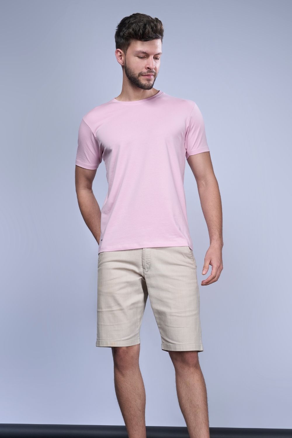 Cotton Stretch T shirt for men in the solid color lilac shade with half sleeves and round neck, front view.