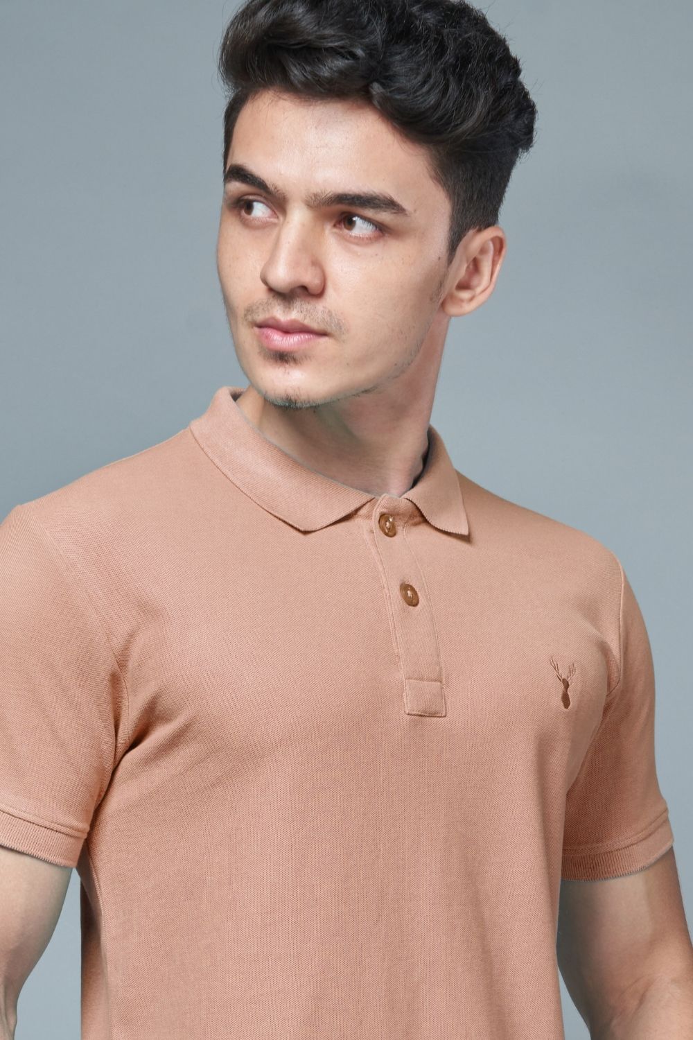 Bisque colored, identity Polo T-shirts for men with collar and half sleeves, front view.