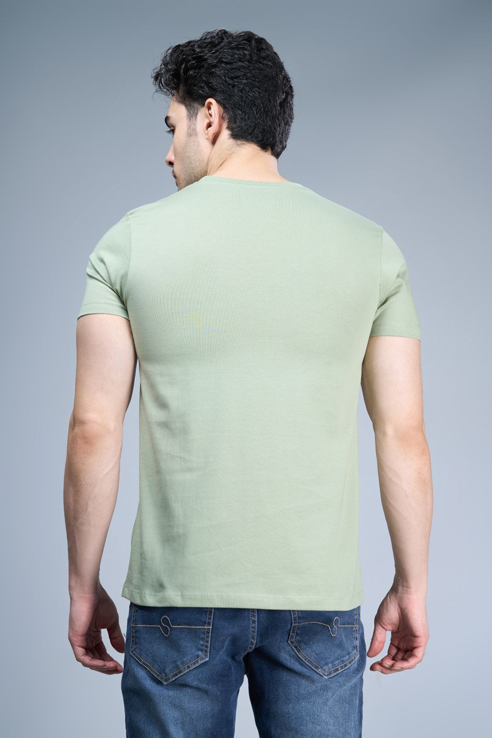 Cyan green colored, cotton Graphic T shirt for men, half sleeves and round neck, back view.