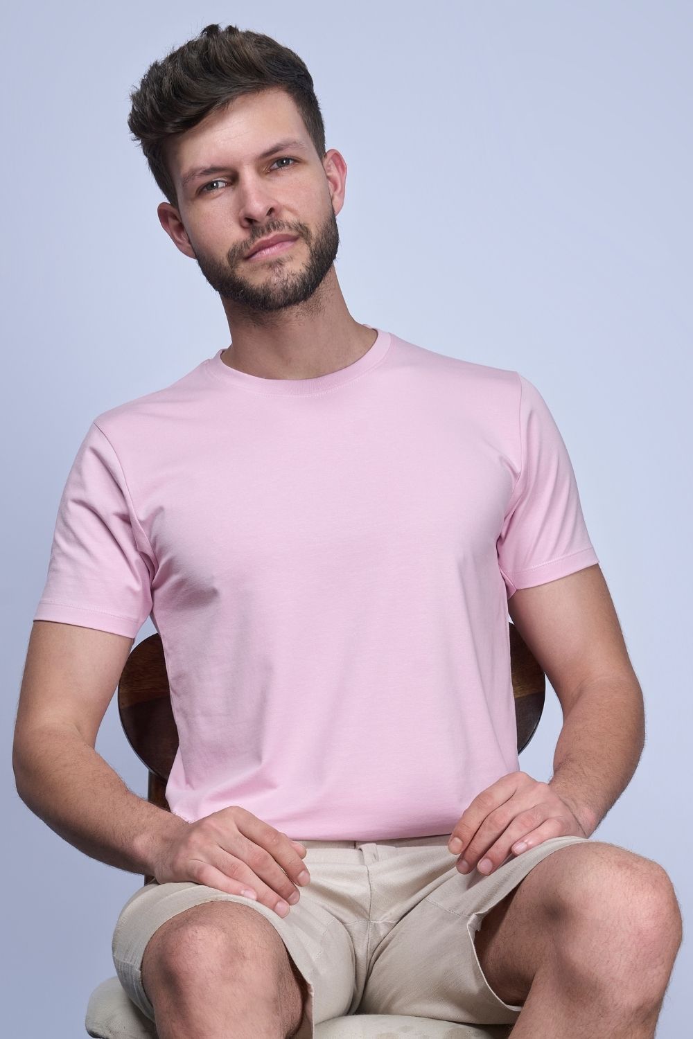 Cotton Stretch T shirt for men in the solid color lilac shade with half sleeves and round neck.