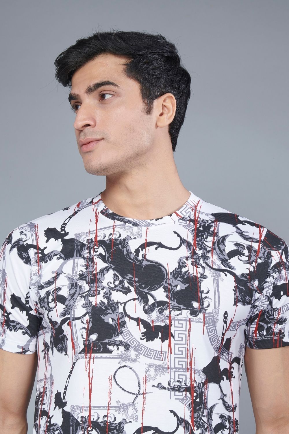 Close up of Black and White colored, all over print T shirt for men with half sleeves and round neck.