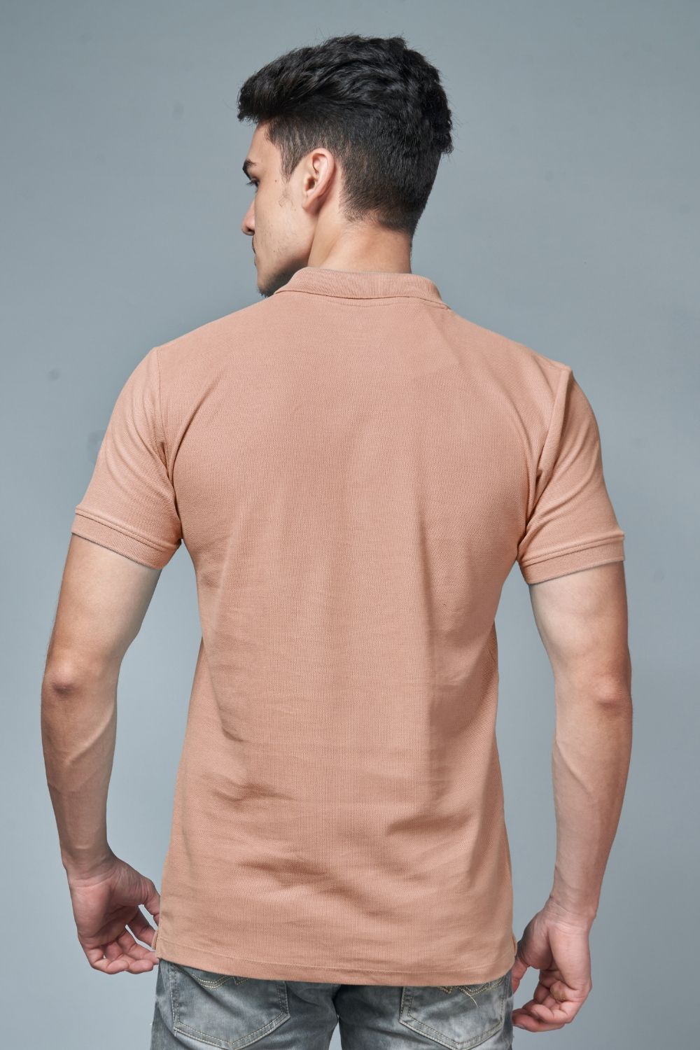 Bisque colored, identity Polo T-shirts for men with collar and half sleeves, back view.