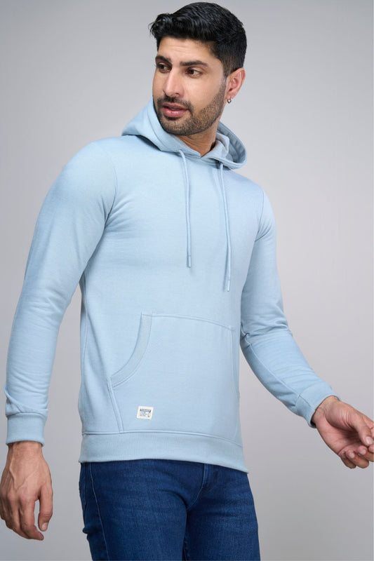 Shenghayo Blue colored, hoodie for men with full sleeves and relaxed fit, front view.