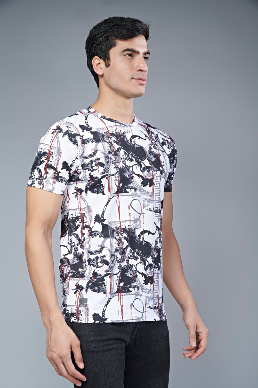 Side view of Black and White colored, all over print T shirt for men with half sleeves and round neck.