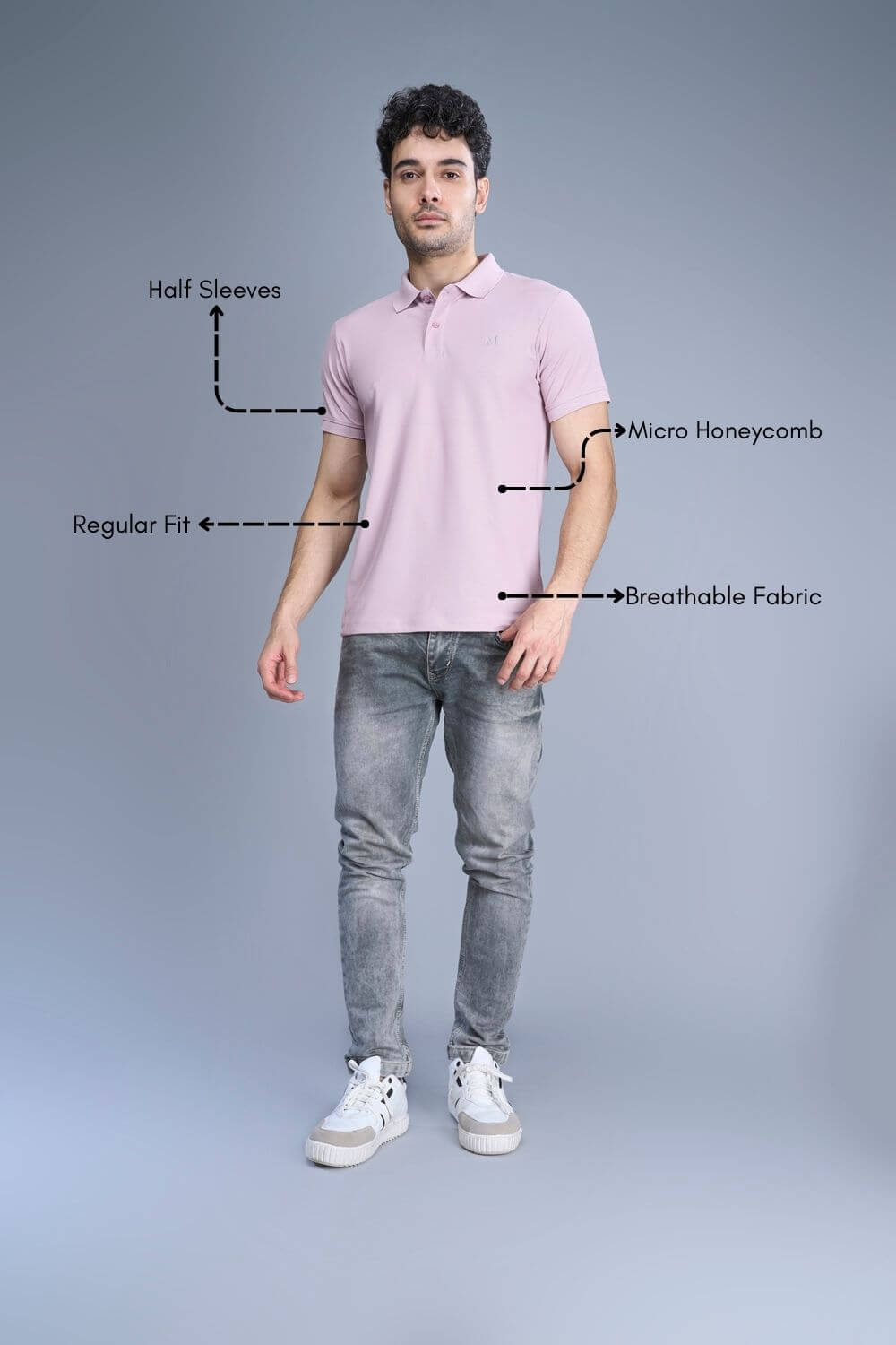 Mauve colored, Smart Tech Polo T-shirts for men with collar and half sleeves, Product feature.