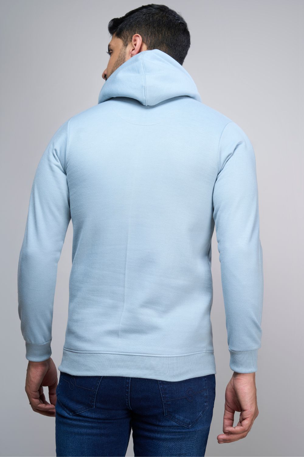 Shenghayo Blue colored, hoodie for men with full sleeves and relaxed fit, back view.