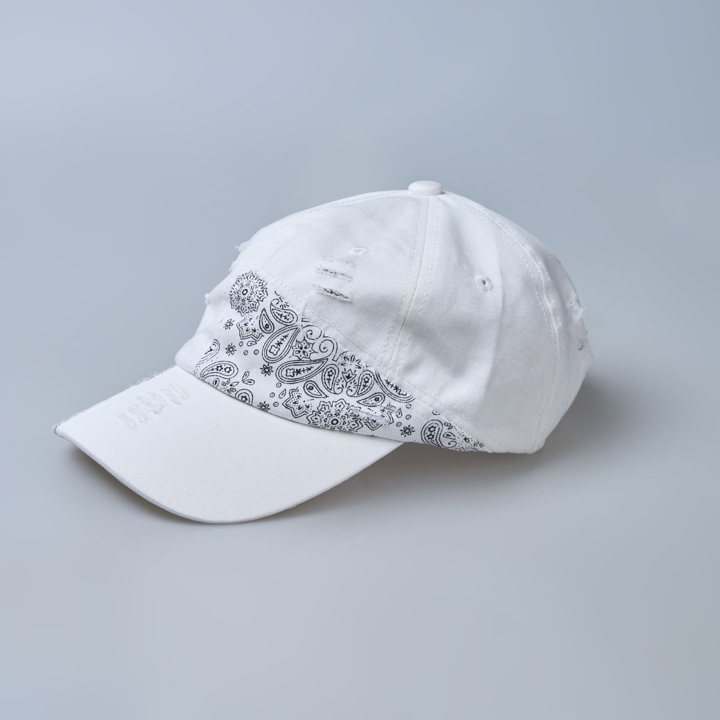 white colored, wide brim designer cap for men with adjustable strap, side design.