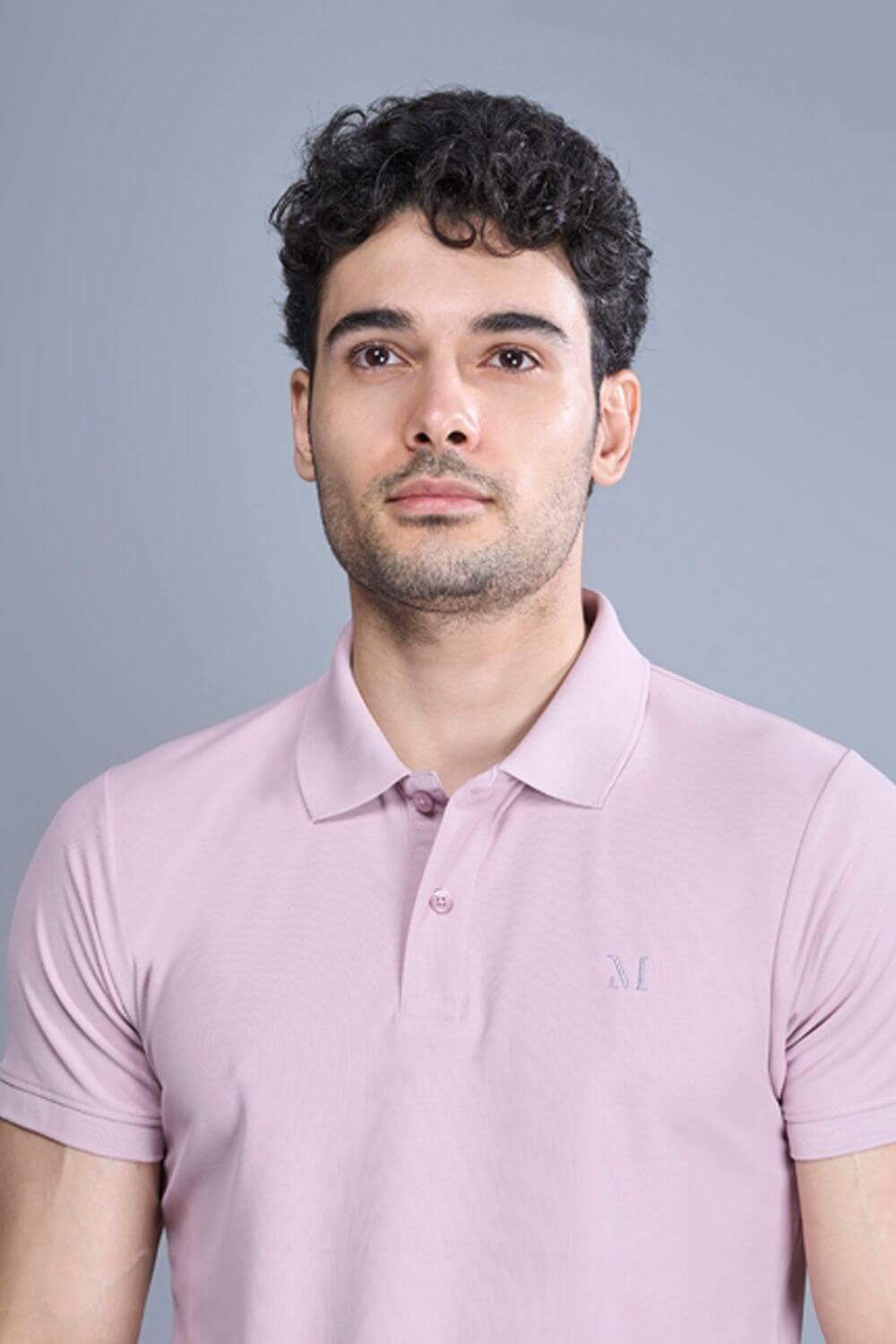 Mauve colored, Smart Tech Polo T-shirts for men with collar and half sleeves, front.