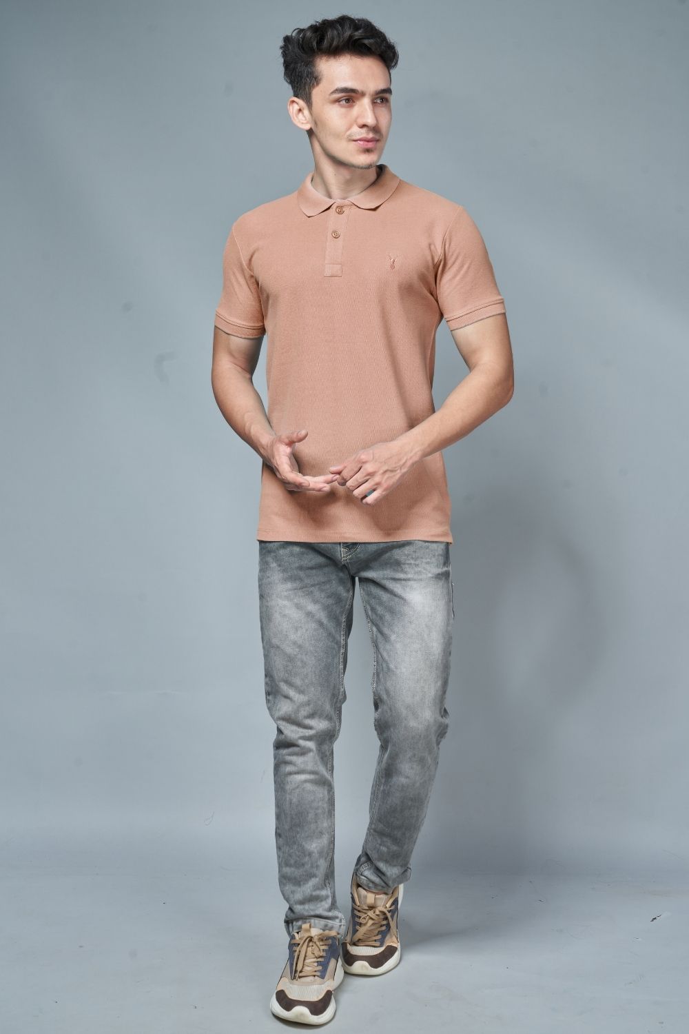 Bisque colored, identity Polo T-shirts for men with collar and half sleeves, full view.